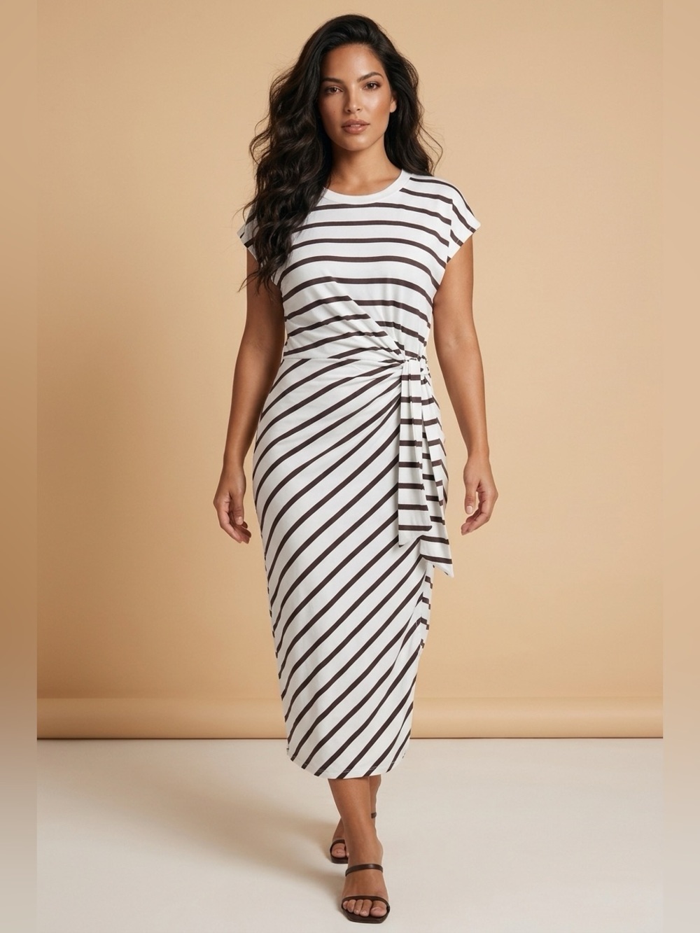 Striped White and Brown Knot-Waist Midi Dress